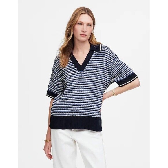 MADEWELL Striped Johnny Collar Sweater Tee XXS Blue Trio Oversized Polo NWT B76 - Picture 1 of 6